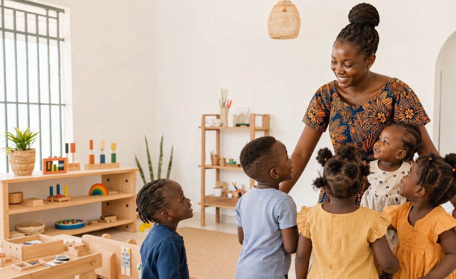 Enfants heureux avec leur éducatrice à la Maternelle des Tout-Petits