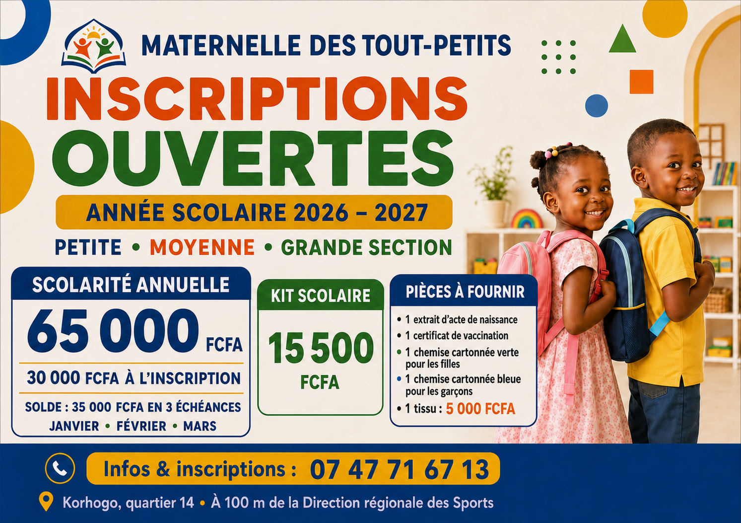 Rentrée scolaire 2026–2027 : les inscriptions sont ouvertes à la Maternelle des Tout-Petits